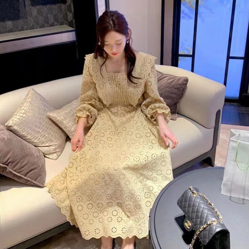 韩国正品minsshop镂空钩花连衣裙气质复古方领压褶长袖收腰长裙
