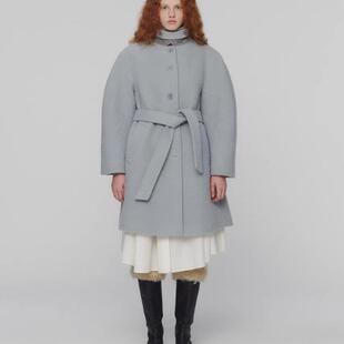 Amomento韩国羊驼毛大衣简约优雅翻领高腰绑带中长款呢子外套