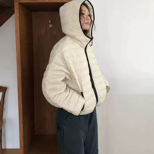 plate韩国连帽短款棉服2025年新款百搭极简风通勤绗缝设计羽绒服