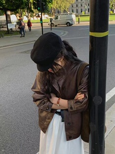 韩国overtake立领皮衣外套美式复古宽松系扣纯色机车夹克女