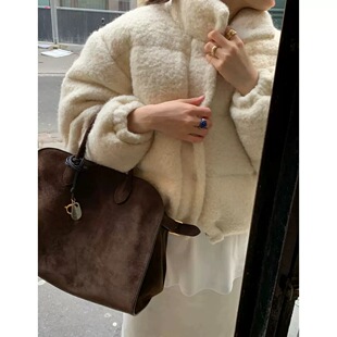 Ribbonbit韩国短款外套女2025年新款温柔甜美风仿羊羔毛立领毛衣