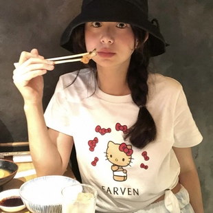 T恤甜美少女风休闲字母卡通印花设计纯棉短上衣女 Farven韩国短袖