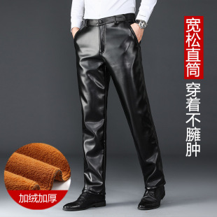 子工作裤 秋冬中老年皮裤 男摩托车防风防水宽松加绒加厚机车pu皮裤