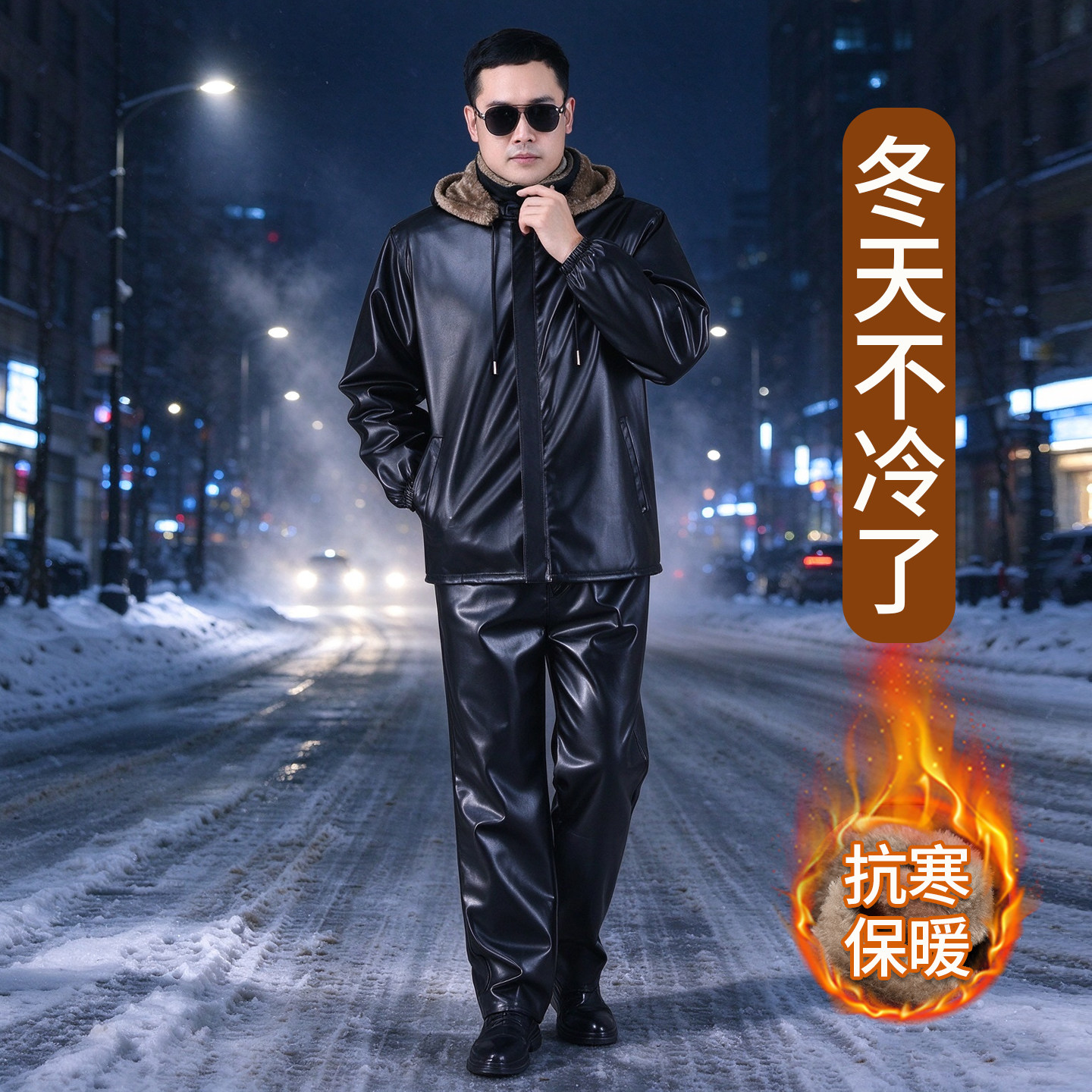 皮衣男外套冬季加绒加厚防风防水摩托车骑行服外卖代驾工作服套装