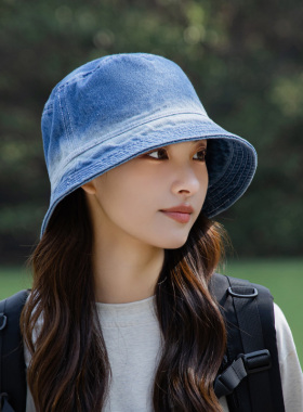 春秋款日系渐变色牛仔布渔夫帽防晒太阳帽情侣男女时尚光板盆帽