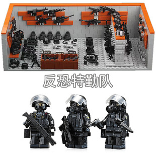 MOC军事积木人仔特种兵警察反恐突击队男孩益智拼装武器库墙模型
