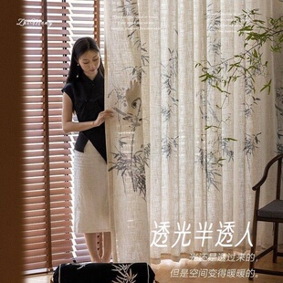 新中式国风窗帘印花麻纱水墨竹子高级感纱帘中古风透光不透人窗纱