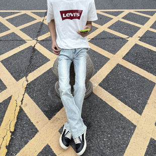 美式517大理石冰蓝高弹力微喇牛仔裤直筒修身显瘦cleanfit裤子男