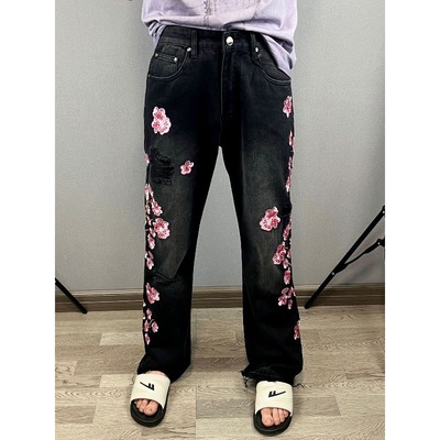 2025小众设计感刺绣破洞黑色水洗牛仔裤男D2直筒宽松拖地喇叭