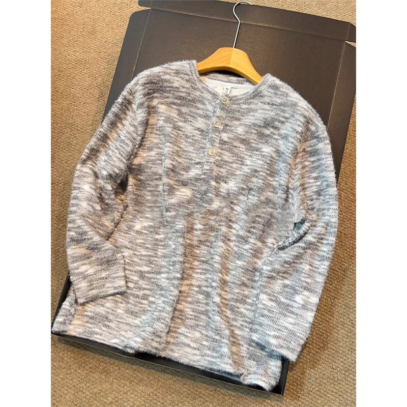 小香风高级感扎染亨利领针织衫男秋冬马海毛软糯卫衣潮牌毛衣外套