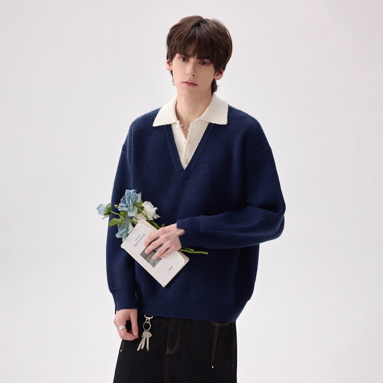 工厂 假两件V领翻领针织衫男慵懒高级感老钱宽松情侣毛衣外套潮