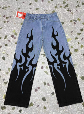 2025新晋火爆美潮地狱之星印花Logo洗水蓝色休闲宽松牛仔裤男女
