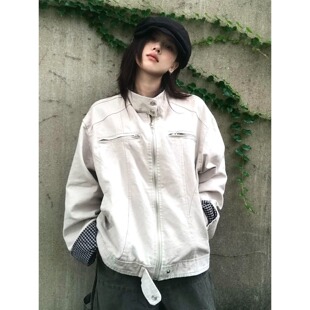 复古宽松休闲翻领工装 夹克上衣 潮牌格纹拼接外套女2025年新款 秋季