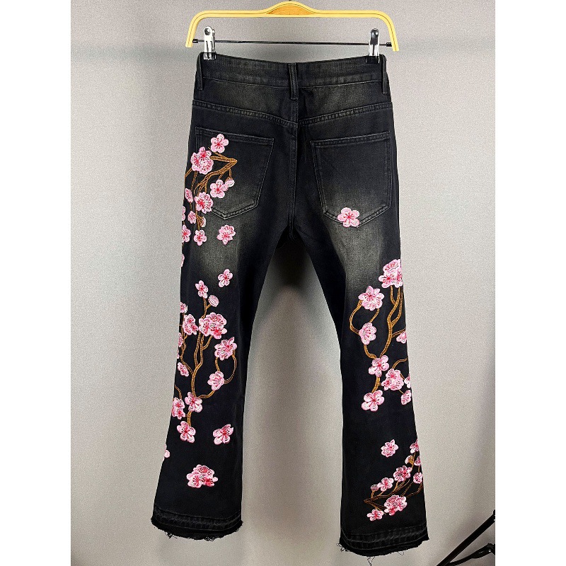 2025美式潮牌直筒宽松 喇叭拖地刺绣 破洞刮烂黑色水洗D2牛仔裤男