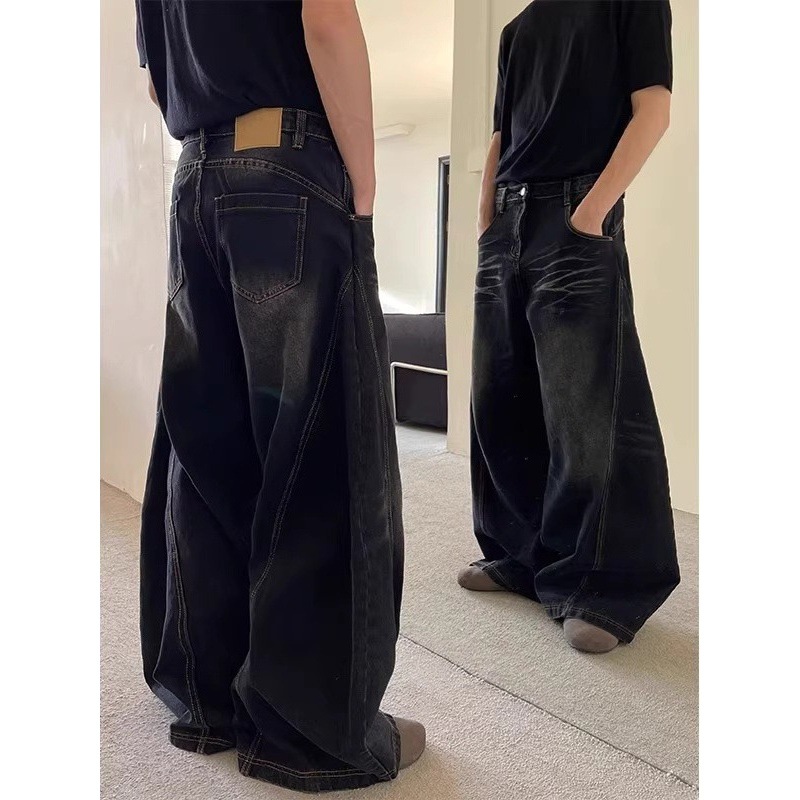 美式复古猫须水洗弯刀牛仔裤男女cleanfit小众设计感宽松阔腿裤子