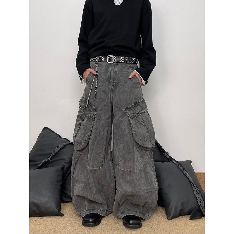 2025美式复古口袋褶皱弯刀工装裤男潮cleanfit休闲直筒阔腿裤,男装,牛仔裤,淘宝优惠券,粉丝福利购,淘宝优惠卷