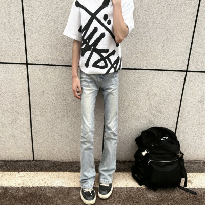 美式高街vibe风水洗做旧冰蓝牛仔裤修身显瘦休闲百搭长裤子痞帅