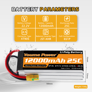 youme航模锂电池12000mAh2S3S4S6S7s25C航拍值保无人机25C高容量
