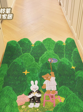 绿色森林小熊玄关入户门丝圈地垫耐脏防滑可剪裁家用脚垫除尘门垫