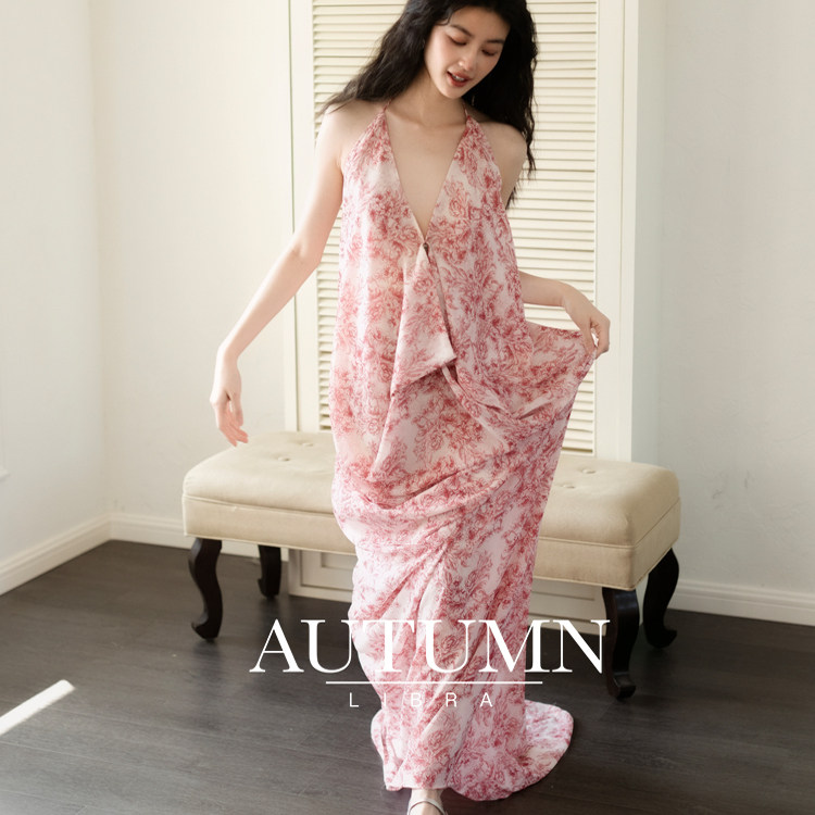 AUTUMN LIBRA|红色印花不规则廓形露背裙