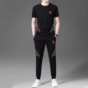 2026时尚公鸡夏季男士运动套装薄棉宽松短袖长裤休闲运动服两件套