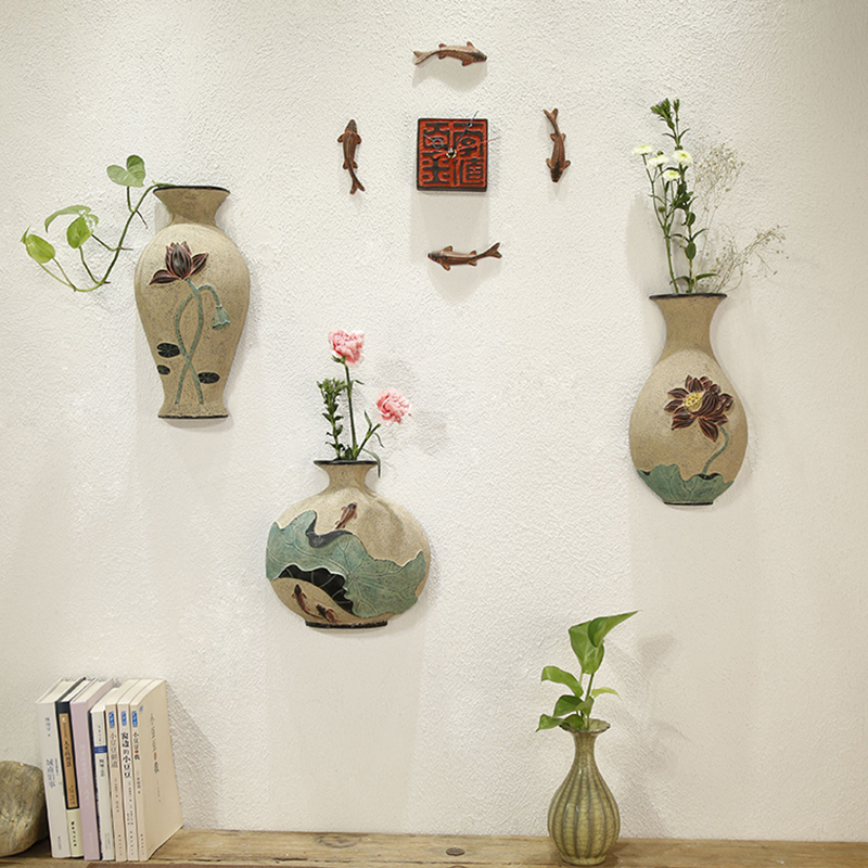 中式立体浮雕荷花壁式花插花瓶玄关画挂件客厅背景墙挂画装饰画图片