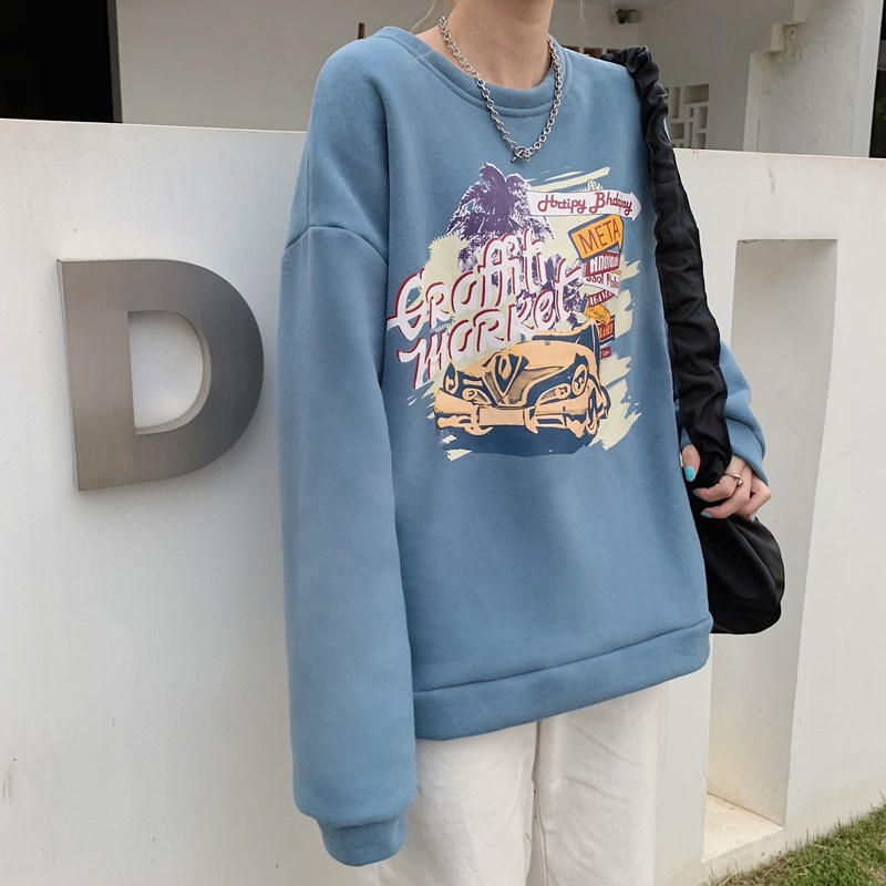 Real shot new customized cotton Plush thickened sweater women's cartoon car top fashionable loose clothes