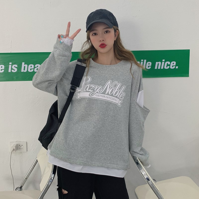 Real shot new cotton sweater women's Plush thickening design sense stitching sleeve fake two loose women's clothes