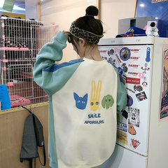 Real shot new autumn and winter new college style color matching rabbit embroidery sweater for women with plush clothes