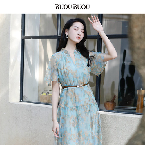 BuouBuou新中式金丝网纱刺绣旗袍