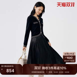 BuouBuou优雅通勤连衣裙女冬季V领长袖中腰A字拼接拼色垂感中长裙
