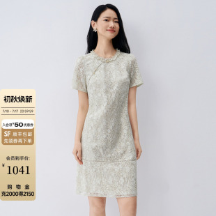 Buou Buou夏季清优雅花边圆领植绒绣花蕾丝直筒连衣裙气质显瘦