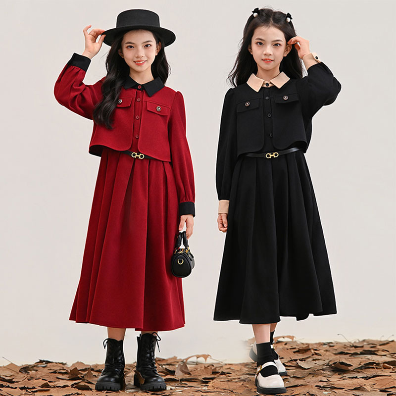 女童法式假两件气质连衣裙中大童秋冬小香风公主裙女孩新年红裙子