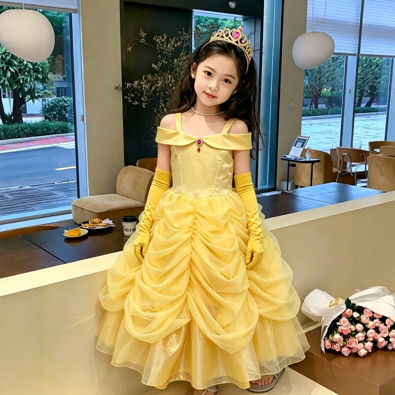 女童轻奢贝儿公主裙小女孩生日礼服COS美女与野兽贝尔连衣裙纱裙图片