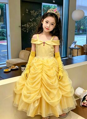 女童轻奢贝儿公主裙小女孩生日礼服COS美女与野兽贝尔连衣裙纱裙