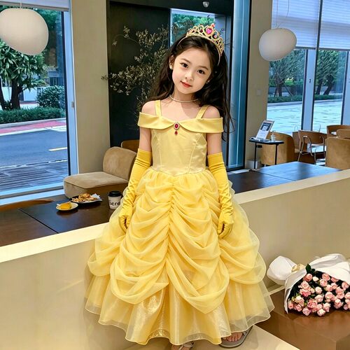 女童轻奢贝儿公主裙小女孩生日礼服COS美女与野兽贝尔连衣裙纱裙