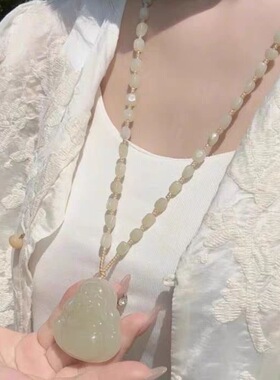 新款弥勒佛天然和田玉项链纯银锁骨链玉石无事牌玉坠碧玉吊坠玉