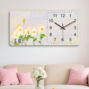 饰钟表客厅免打孔时钟家用装 轻奢装 饰画挂钟 山水挂表画横版 新中式