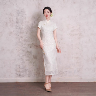 新中式 优雅年轻少女收腰显瘦日常穿 复古国风蕾丝旗袍2026春夏新款