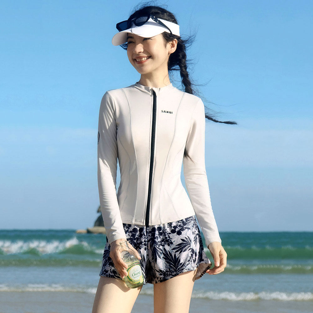 长袖游泳衣女分体式拉链开衫高领防晒遮臂不露背双层遮臀平角裤裙