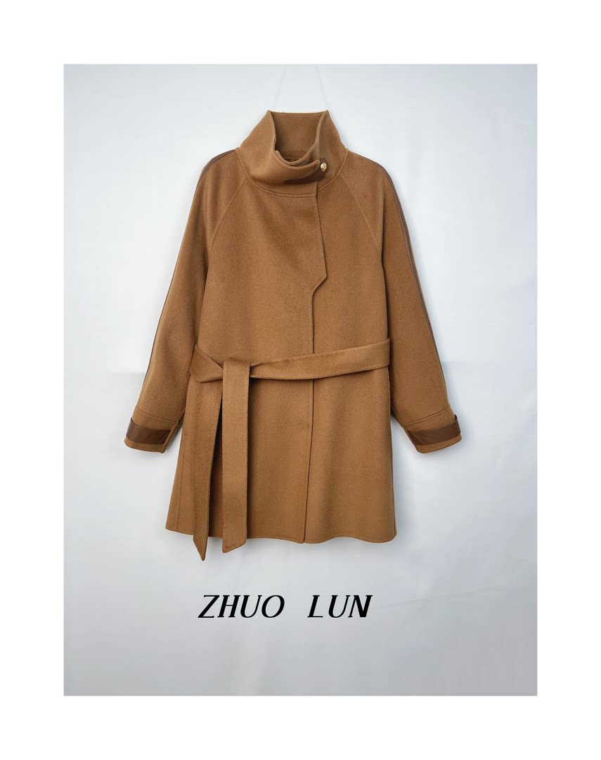 【ZHUNLUN定制】时尚气质翻领拼皮百搭设计师羊绒女士大衣