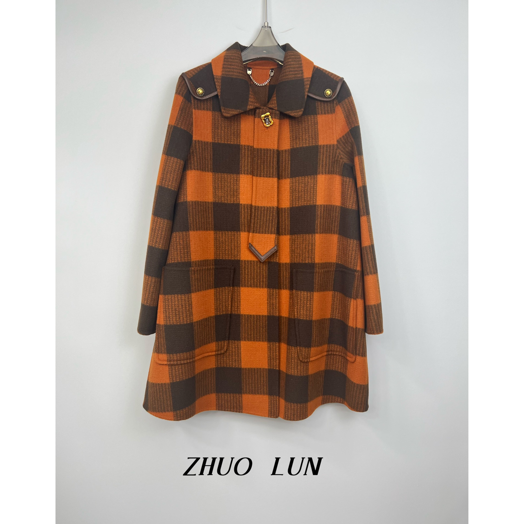 【ZHUOLUN定制】设计师时尚格子休闲中长款秋冬女士羊绒大衣