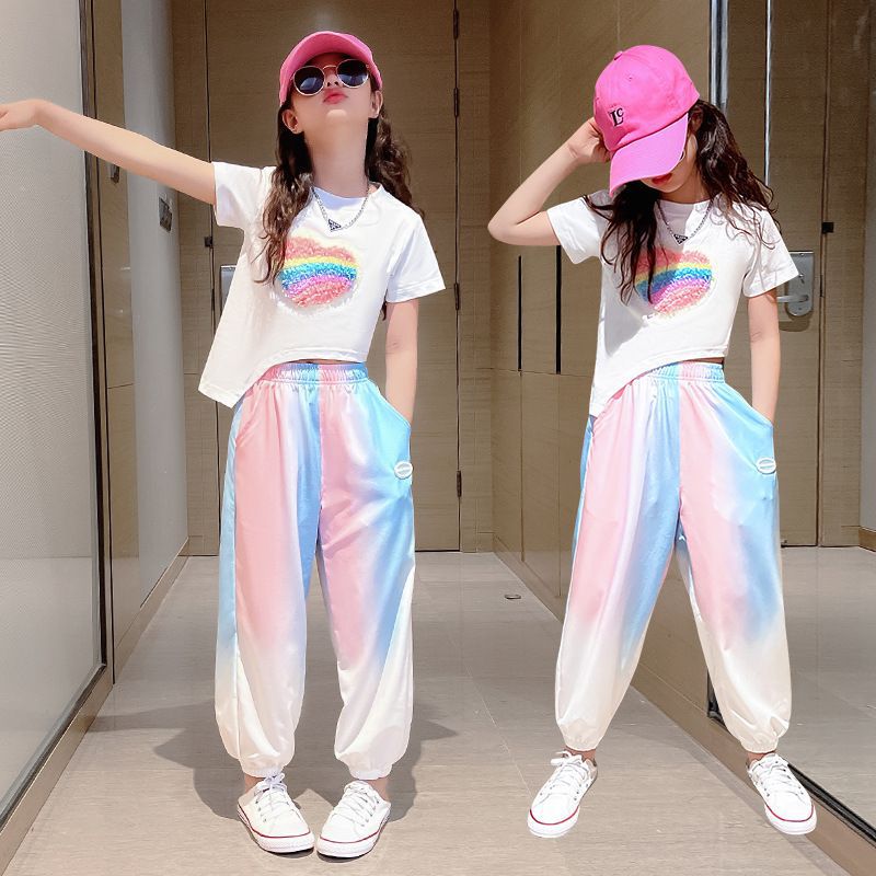 女童T恤长裤套装2023夏装新款大儿童装洋气运动休闲裤两件套彩