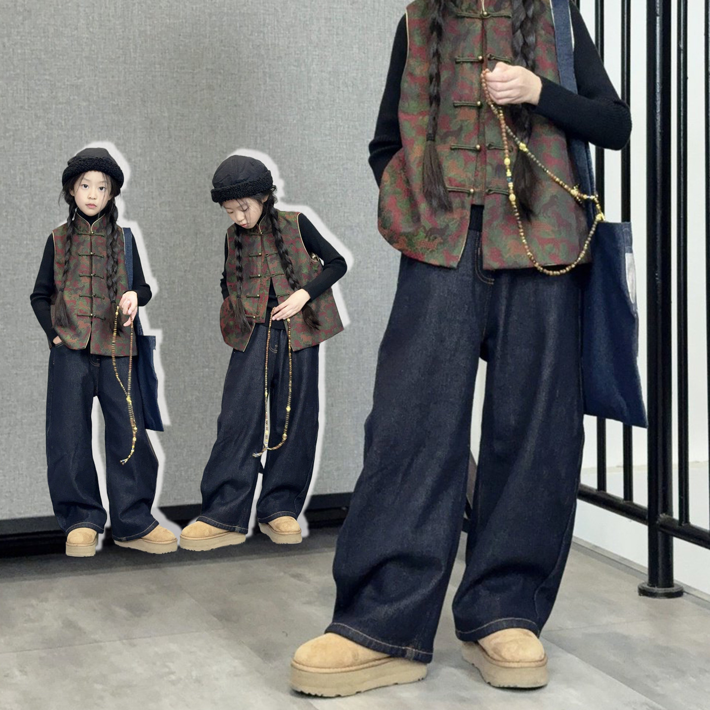 女童加绒弯刀裤立体剪裁牛仔裤