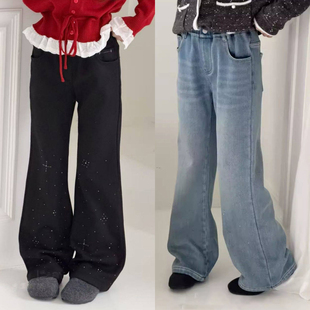 小个子显瘦微喇裤 女童洋气一体绒碎钻休闲喇叭裤 子 加绒牛仔裤 冬装