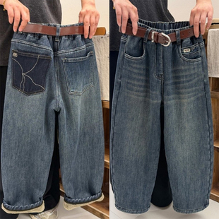 儿童加绒休闲裤 百搭女童宽松牛仔萝卜裤 2025冬季 男童羊驼绒老爹裤