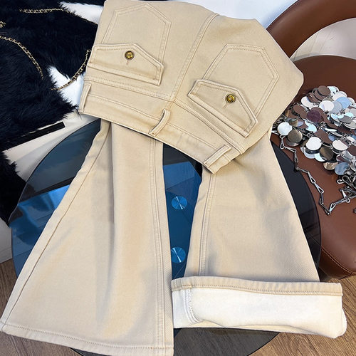 直筒微喇叭裤牛仔裤女加绒加厚