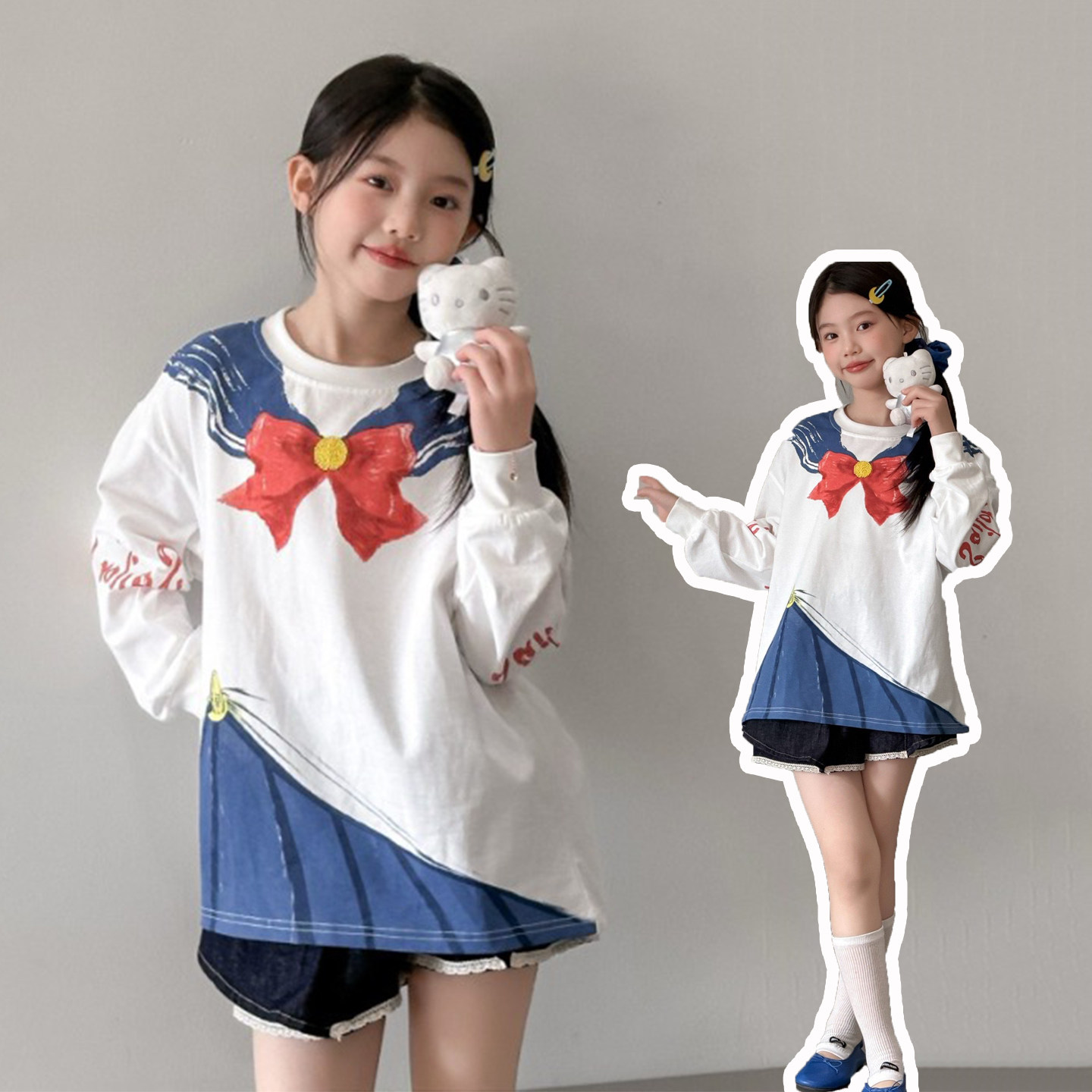 女童海军风蝴蝶结印花长袖T恤26春装新款儿童宽松百搭假两件上衣,童装/婴儿装/亲子装,T恤,淘宝优惠券,粉丝福利购,淘宝优惠卷