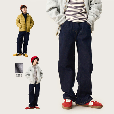 女童一体绒磨毛牛仔裤