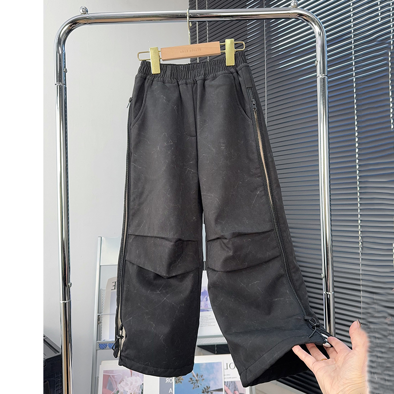 男女童侧拉链加绒加厚抽绳工装裤